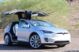 銀色Tesla Model X，鷹翼門打開，停在沙漠景觀中。