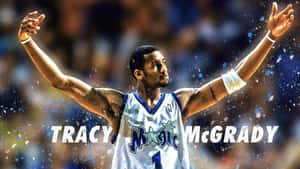 Tracy McGrady 身穿奧蘭多魔術隊球衣，在紙屑飄落中慶祝勝利。