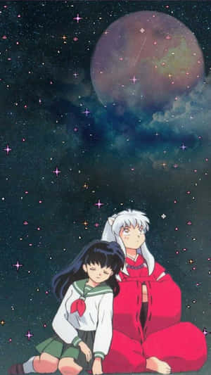 兩個動漫角色坐在星空下，伴隨著一顆發光行星。