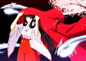 動漫巫女，紅色斗篷，白龍，星空夜，櫻花。