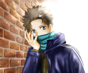 動漫男孩穿著藍色外套和青綠色圍巾靠著磚牆。