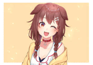 動畫女孩，棕色辮子，狗耳朵，溫暖微笑。