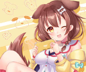有狗耳朵的動漫女孩拿著黃色遊戲機並眨眼