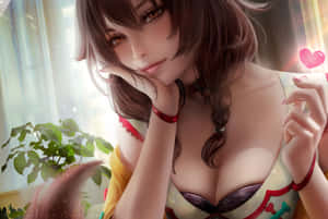 動漫女孩，棕色頭髮和琥珀色眼睛，在窗邊用手托著下巴，旁邊有一盆盆栽。