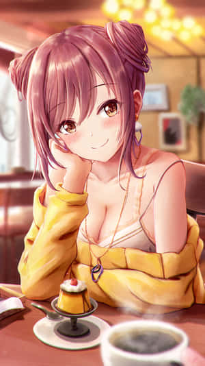 粉紅色頭髮動漫女孩在咖啡店桌子旁微笑，有咖啡和甜點。
