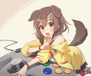 有狗耳朵和尾巴的動漫女孩在遊戲控制器上做出和平手勢。