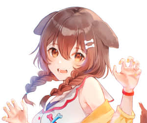 動漫女孩，有狗耳朵和辮子，開心地揮手。