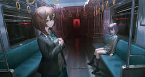 兩個穿著校服的動漫女孩在一輛安靜的地鐵列車上，紅色緊急燈亮著。