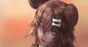動漫女孩，棕色頭髮和骨頭髮夾，橙色背景