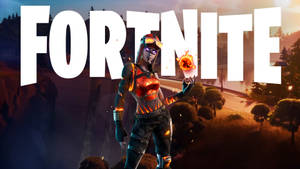 穿著火焰盔甲的Fortnite角色在日落時手持發光球體。 — 要塞英雄 大逃殺 壁紙