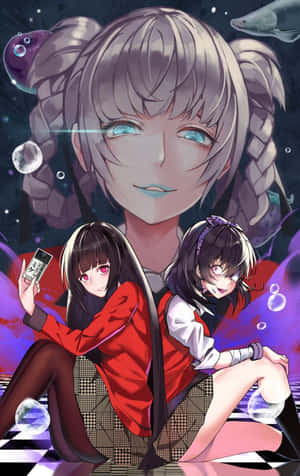 兩個紅眼睛的動漫女孩坐在棋盤格地板上，氣泡和魚漂浮在她們周圍。 — 古勒比加 壁紙