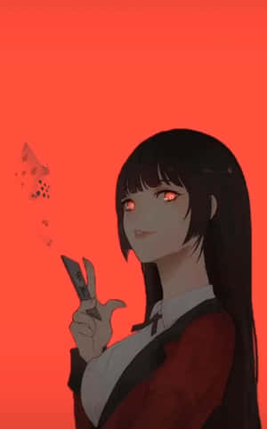 動漫女孩，紅光眼睛，在紅色背景前拿著刀。 — 古勒比加 壁紙
