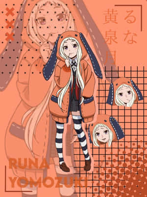 動漫角色 Runa Yomozuki 穿著橙色兔子連帽衫和條紋襪子。