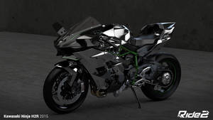型格黑色Kawasaki Ninja H2R 2015電單車，帶有綠色點綴，在混凝土車庫中。
