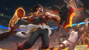 惡魔籃球運動員用火球入樽，人類防守者試圖封阻。 — 遊戲 壁紙