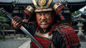 一位身穿紅黑盔甲的年長武士，在寺廟附近握著一把武士刀，表情兇猛。