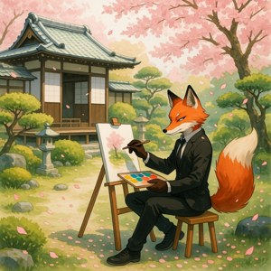 一隻穿著西裝的狐狸藝術家在帶有寶塔的日本花園中畫櫻花。