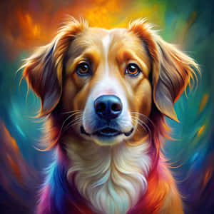 一隻金毛尋回犬，眼神富有表現力，毛茸茸的，在色彩繽紛的抽象背景前。