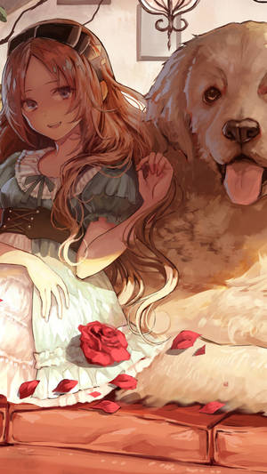 動漫女孩同金毛尋回犬，木地板上有玫瑰花瓣