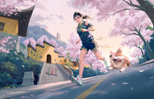 女子和柯基犬在櫻花下奔跑，靠近寺廟