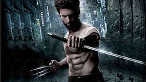 狼人（Wolverine）在雨中的霓虹城市中，手持劍和爪子。