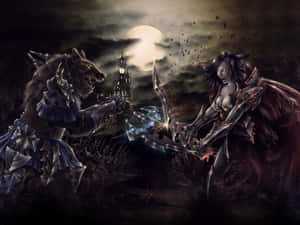 狼人與惡魔戰士在滿月下於黑暗奇幻戰鬥場景中交鋒。 — 狼人 GIF 壁紙