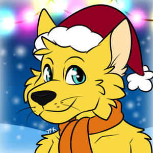 黃色卡通狐狸戴聖誕帽和圍巾，在雪夜燈光下