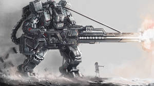 一個巨大的機械人發射大砲，一個小孩站在附近的塵土場景中。 — 機械人 壁紙
