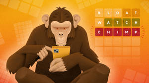 黑猩猩手持智能手機，背景有「BLOAT WATCH CHIMP」字母瓷磚。