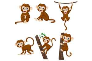 六隻卡通猴子喺樹枝同木頭上面玩，露出燦爛笑容。
