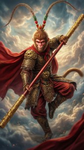 猴子戰士身穿金色盔甲和紅色披風，手持巨大棍棒穿越暴風雲層。