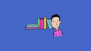 一個疲倦的卡通男孩靠在一堆色彩繽紛的書本上，背景是藍色。 — 卡通 壁紙