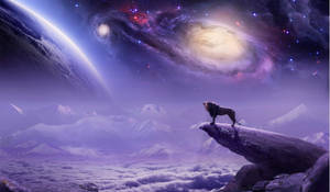 山頂上的獅子凝視著雲層之上的星系和行星。