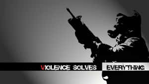 戴著防毒面具的士兵瞄準步槍，附有文字 violence solves everything。