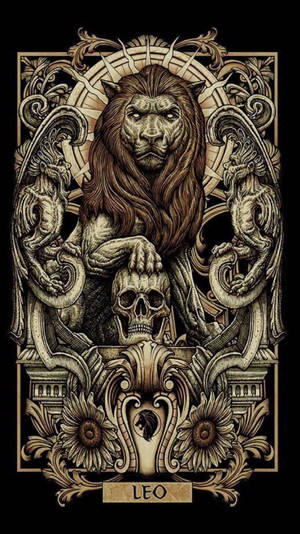 獅子座描繪成一隻獅子手持頭骨，周圍環繞著獅鷲和複雜的金色圖案。