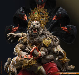 獅頭神祇，戴著金色皇冠和紅色布匹，被六條黑蛇包圍。 — 雕塑 壁紙