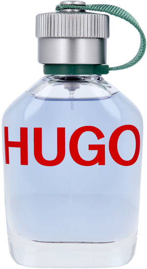 帶有紅色標誌和綠色帶子的Hugo Boss香水瓶。
