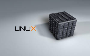 灰色背景上，Linux 標誌旁邊有一個伺服器機架立方體。