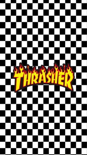 Thrasher雜誌標誌，在黑白棋盤格背景上帶有火焰設計。