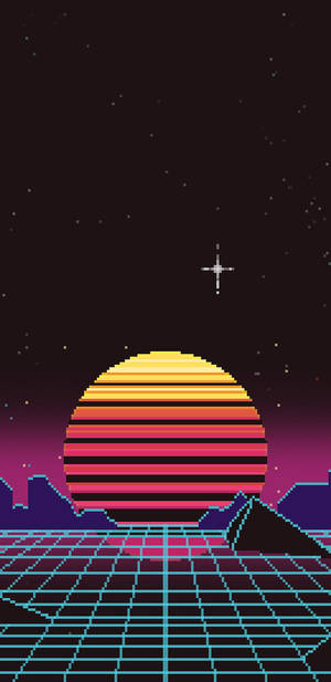 像素藝術日落與網格景觀和星星