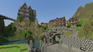 Minecraft城堡在草坡上俯瞰河流與石頭廢墟