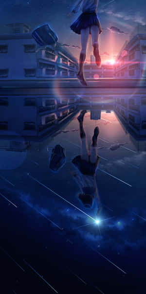 穿著校服的女孩跳過反射表面，下方有倒轉的宇宙天空。 — Pixel 3 壁紙