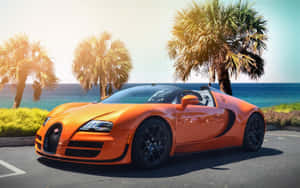 橙色Bugatti Veyron開篷跑車在日落時停泊在海邊的棕櫚樹旁。