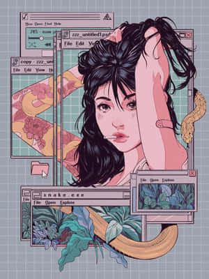 一位深色頭髮、叼著香煙的女性，周圍環繞著電腦視窗和一條蛇。