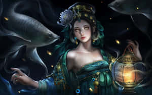 一位身穿青綠色長袍的女子手持發光燈籠，魚在黑暗的迷霧中游動。 — 星座 壁紙