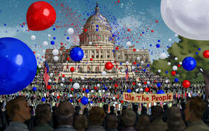 人群在國會大廈前舉著「We The People」標語，周圍有紅、白、藍氣球。