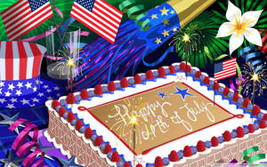 一個裝飾有「Happy 4th of July」和煙花棒的蛋糕，周圍環繞著美國國旗和煙花。