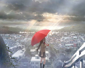 動漫女孩拿著紅色雨傘從高處俯瞰雨中的城市。