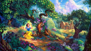 白雪公主在魔法森林中，有小屋和色彩繽紛的花朵。