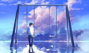 動漫男孩在鞦韆上凝視著粉彩天空和發光的水面倒影。